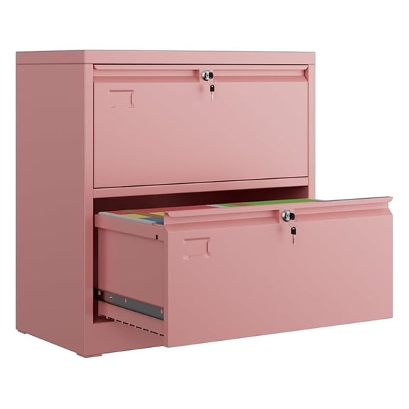 Metal File Cabinet 2 Drawer, Lateral Filing Cabinet with Lock, Pink Office Storage Cabinet for Home School, Legal/Letter/A4 Size, 28.94"W x 15.87"D x 30.24"H