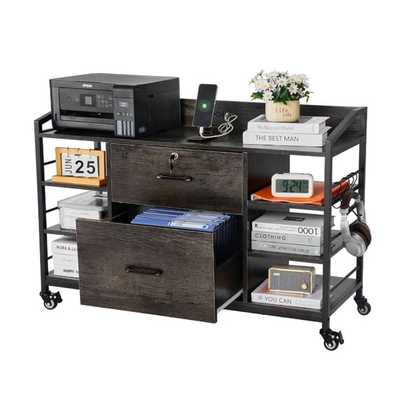 Metal File Cabinet 2 Drawer, Lateral Filing Cabinet with Lock, 6 Open Shelves, Wooden Top, Power Strip, Letter/A4/Legal Size, Gray Office Storage