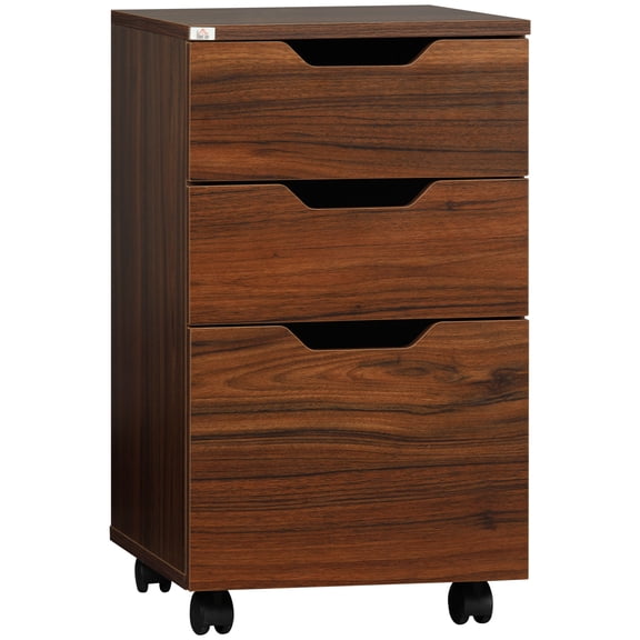 Metal File Cabinets, HOMCOM 3 Drawer Office Storage Cabinet, Under Desk Cabinet with Wheels, Brown Wood Grain, Black Office File Cabinets,Particle Board Steel File Cabinets