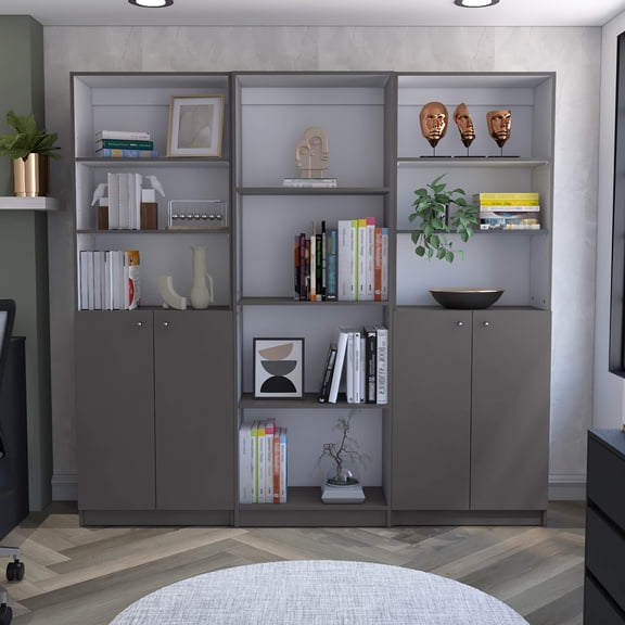 Metal File Cabinets, Hialeah 3 Piece Home Bookcase set, 74" Wide with 10 Shelves and Two Double-Door Cabinet , Living Room Set Matt Gray / White, Multicolor Office File Cabinets