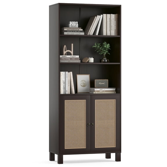 Metal File Cabinets, Tall Bookcase with Rattan Doors,5 Tier Storage Wood Shelves Large Bookshelf for Library Living Room Bedroom Home Office,Walnut, Walnut Office File Cabinets,Steel File Cabinets