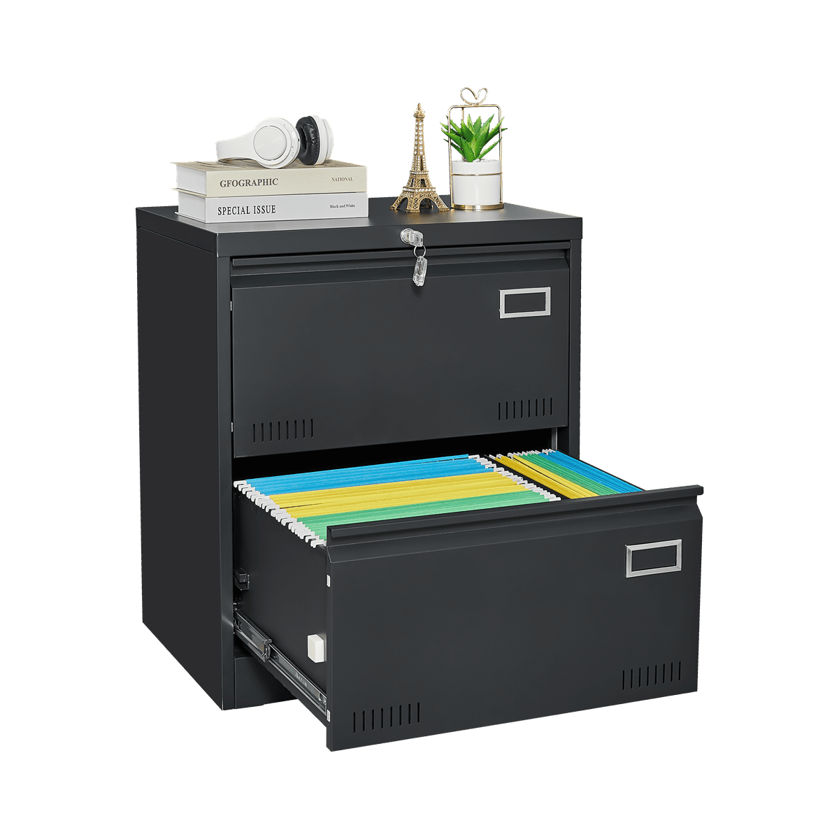 Black Metal Lockable 2-Drawer Lateral Filing Cabinet