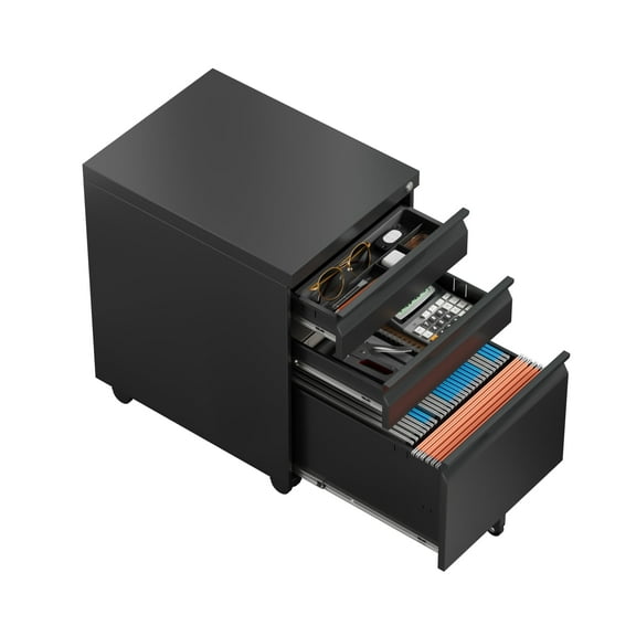 Metal Filing Cabinets For Home Office,Locking File Cabinet 3 Drawers On Wheels Under Desk, A4, Letter-Size Files, Hanging File Folders--Assembly Required/Black