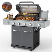 Seizeen Gas Grill with Side Burner, 56,000 BTU Outdoor BBQ 4-Burner Propane Grill with Lid Viewing Window, Built-in Thermometer, Cast Iron Grates, Warming Rack for Patio Backyard