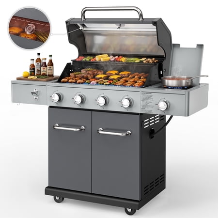 Seizeen Gas Grill with Side Burner, 56,000 BTU Outdoor BBQ 4-Burner Propane Grill with Lid Viewing Window, Built-in Thermometer, Cast Iron Grates, Warming Rack for Patio Backyard