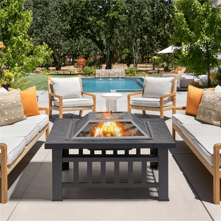 Metal Fire Pit for Outside, 32'' Stone Finish Fire Pit Table, Wood Burning Outdoor Firepit with Fire Bowl, Mesh Screen Lid, Poker