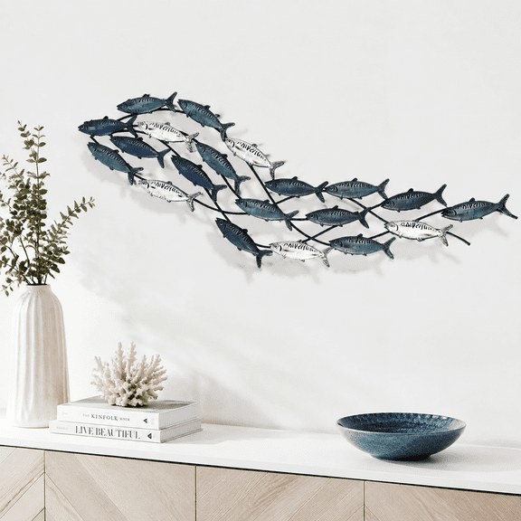 Metal Fish School Wall Sculpture, 59" x 16.5", Nautical 3D Metal Art Decor