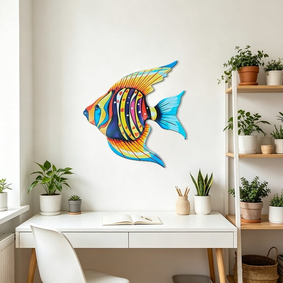 Metal Fish Wall Art, Colorful Tropical Angelfish Iron Wall Decor, Decorative Art Sculpture for Patio Pool Garden Bedroom Living Room, Add Nautical Style to Your Indoor Outdoor