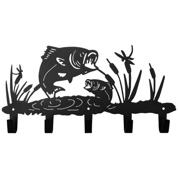 Metal Fish Wall Mount with 5 Hooks, Decorative Fish Coat Rack & Key Holder, Sturdy Black Metal Wall Art Organizer for Entryway, Bathroom, Living Room, Office Storage