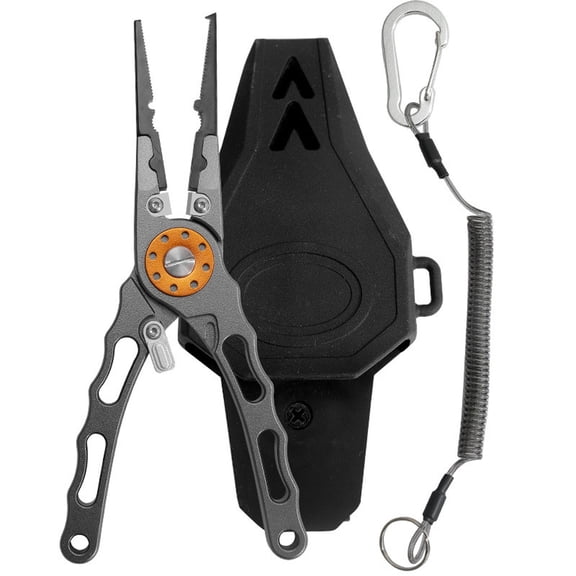 Metal Fishing Pliers With Sheath & Coiled Lanyard Portable Hook Remover Durable Line Cutter For Outdoor Fishing(Grey-20Cm)