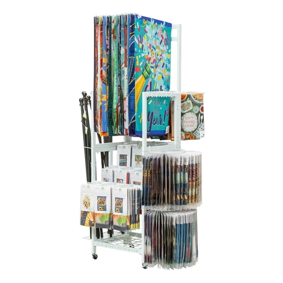 Evergreen White Metal Flag Retail Display Rack with Casters, 90 Inch Height