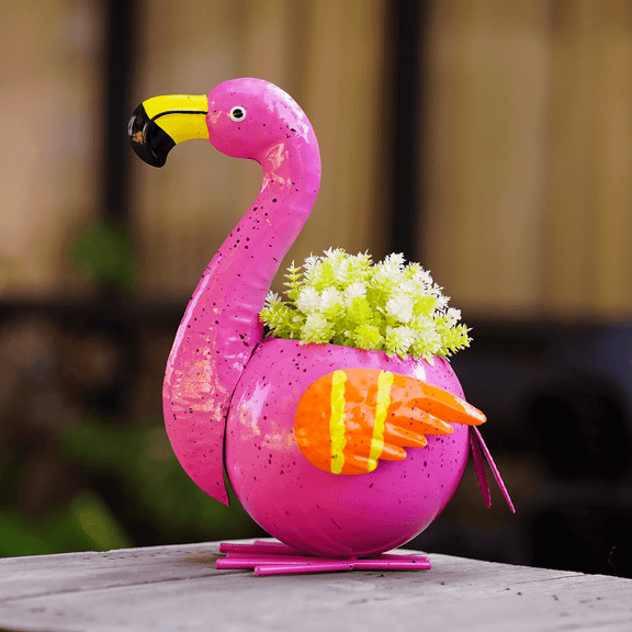 Metal Flamingo Flower Plant Pots - Cute Animal Planter for Outdoor Indoor Garden Office Desk Decor