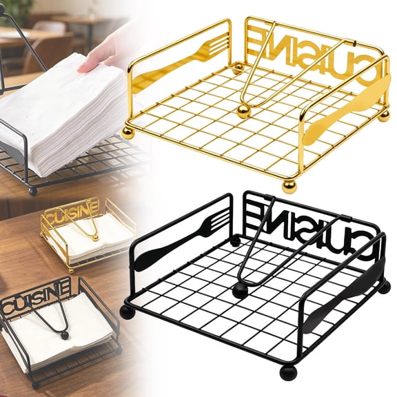 Metal Flat Napkin Holder with Weighted Arm, Rustic Iron Square Paper Napkin Dispenser, Gold Napkin Caddy for Kitchen Dining Table, Farmhouse Restaurant Hotel Indoor & Outdoor Party Use