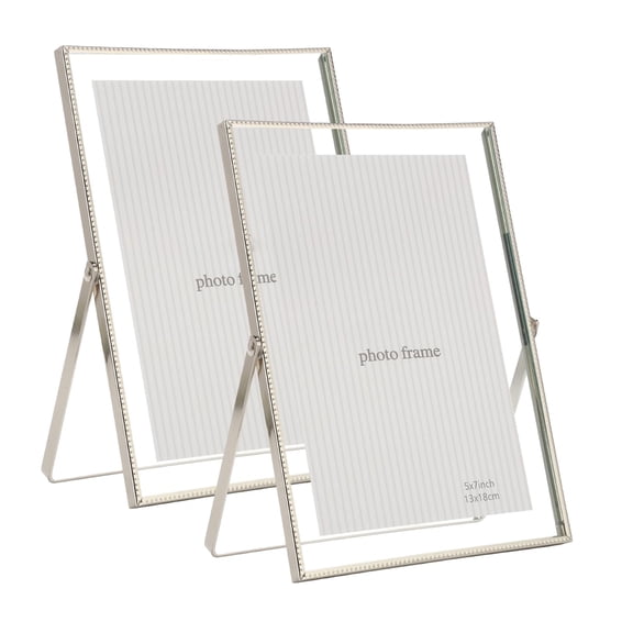 Metal Floating Frame Set of 2, Versatile Shelf/Tabletop Photo Frame, Accommodates 2x3'' to 5x7'' Photos, Stylish Lace Edge, Perfect for Home Decor, Wedding Gift, Silver