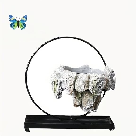 Metal Floating Island Bonsai Planter with Butterfly Accent, Desktop Garden Pot