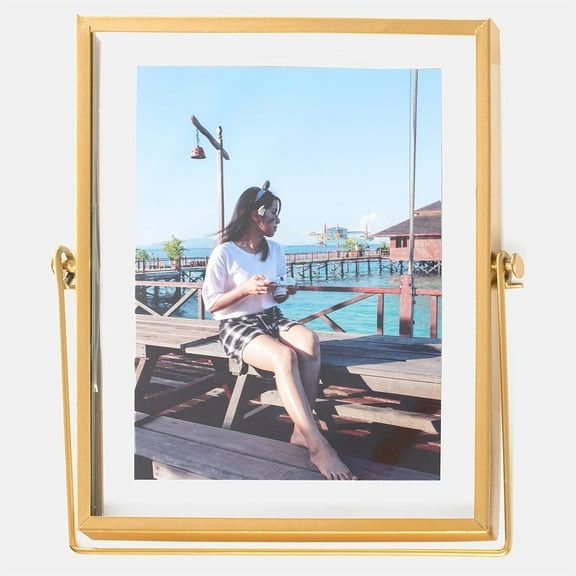 Metal Floating Picture Frame,Tiny Pressed Flowers Desk Frame,Tabletop Display Picture Frames,Gold Geometric Photo Frame with Glass,for Home Office Wedding Gift 6 Inch