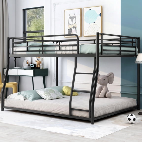 Black Metal Floor Bunk Bed - Full XL on Queen - Space-Saving