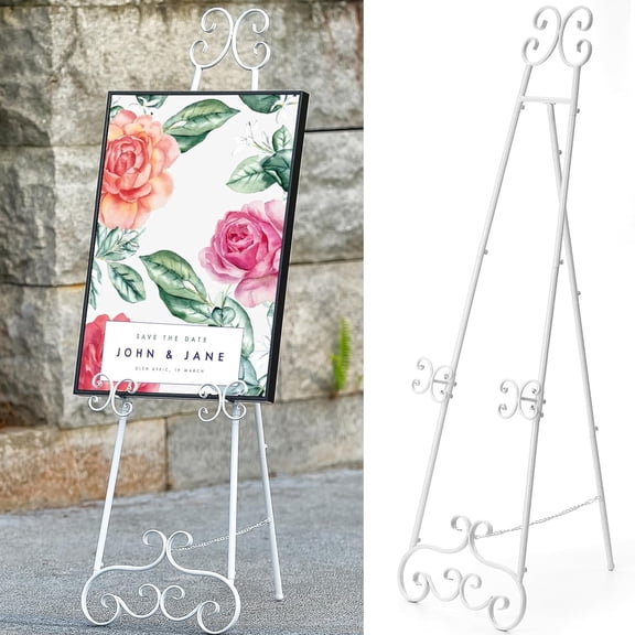 Metal Floor Standing Display Easel, 56" H White Decorative Scroll Easel Stand for Sign Wedding Picture Frame, with Chain Support
