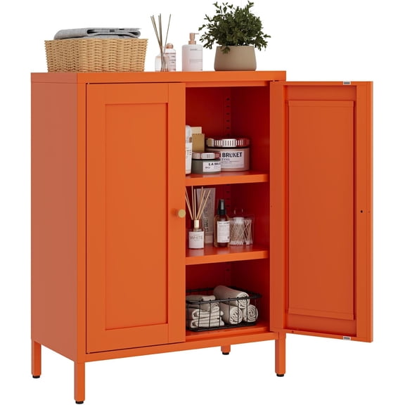 Metal Floor Storage Cabinet, Small Freestanding Sideboard Storage with 2 Adjustable Shelves for Bathroom Entryway Living Room Dining Room Coffee bar,11.8"D x 23.6"W x 31.5"H,3-Tier,Orange
