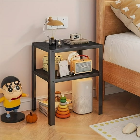 Metal Floor Storage Rack- Modern Shelf Unit Suitable for Living Room/ Bedroom| Industrial Style Bedside Table Organizer with Storage Shelves