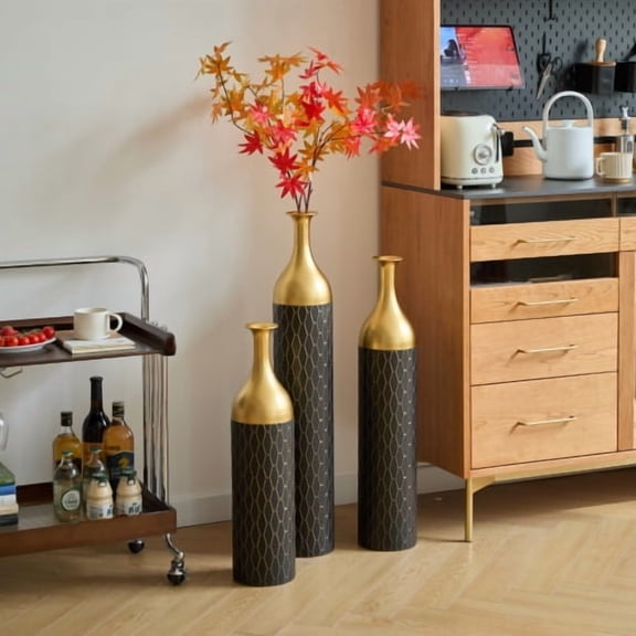 Metal Floor Vase Set, 3-Piece Handcrafted Tall Vases with Black & Gold Honeycomb Pattern, Large Decorative Vases for Living Room Entryway Modern Decor – 34.25" 30.31" 24.8"