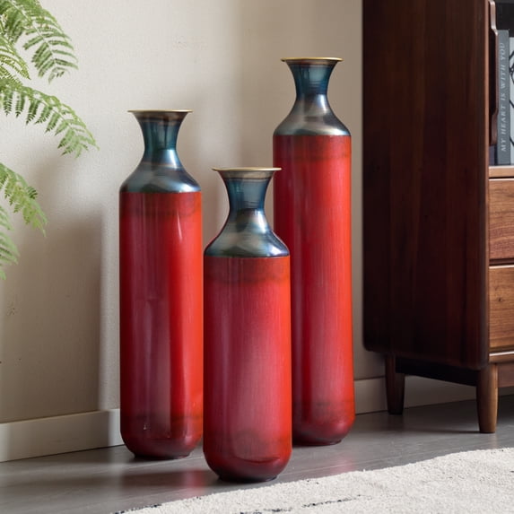 Metal Floor Vase Set of 3, Tall Decorative Stand Vases for Dried Flowers, Red Industrial Style Modern Home Decor for Living Room Hallway Wedding Centerpiece,