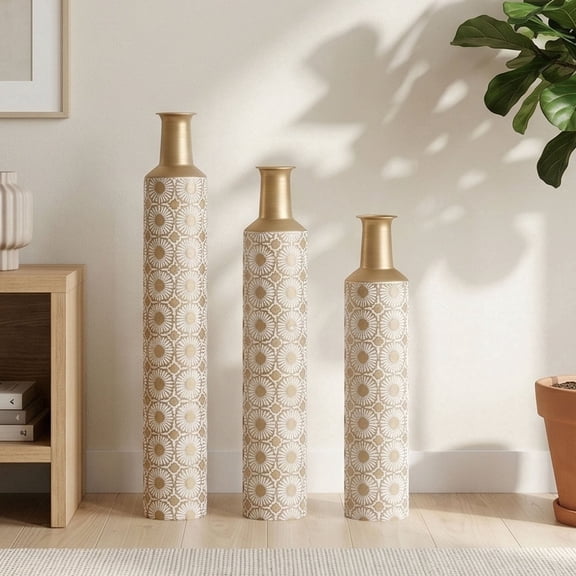 Metal Floor Vase Set of 3, Tall Decorative Vases with Gold Geometric Floral Pattern