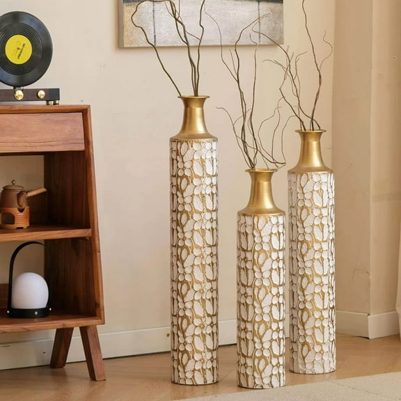 Metal Floor Vase, Tall Floor Vase with Gold Twig Pattern, Antique White Finish (Set of 3)
