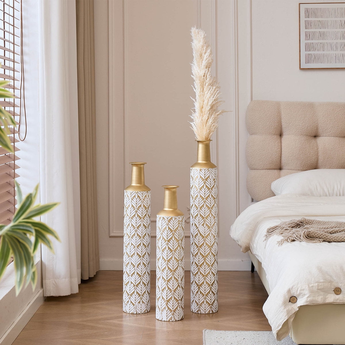 View of Metal Floor Vase with Embossed Leaf Pattern, Handmade Tall Decorative ...