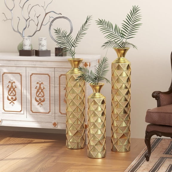 Metal Floor Vases - Large Decorative Set of 3 for Home Decor - Vintage Worn Antique Vases Representing Twigs - Dried Flowers - Gold+33.5/29.5/25.2 inch