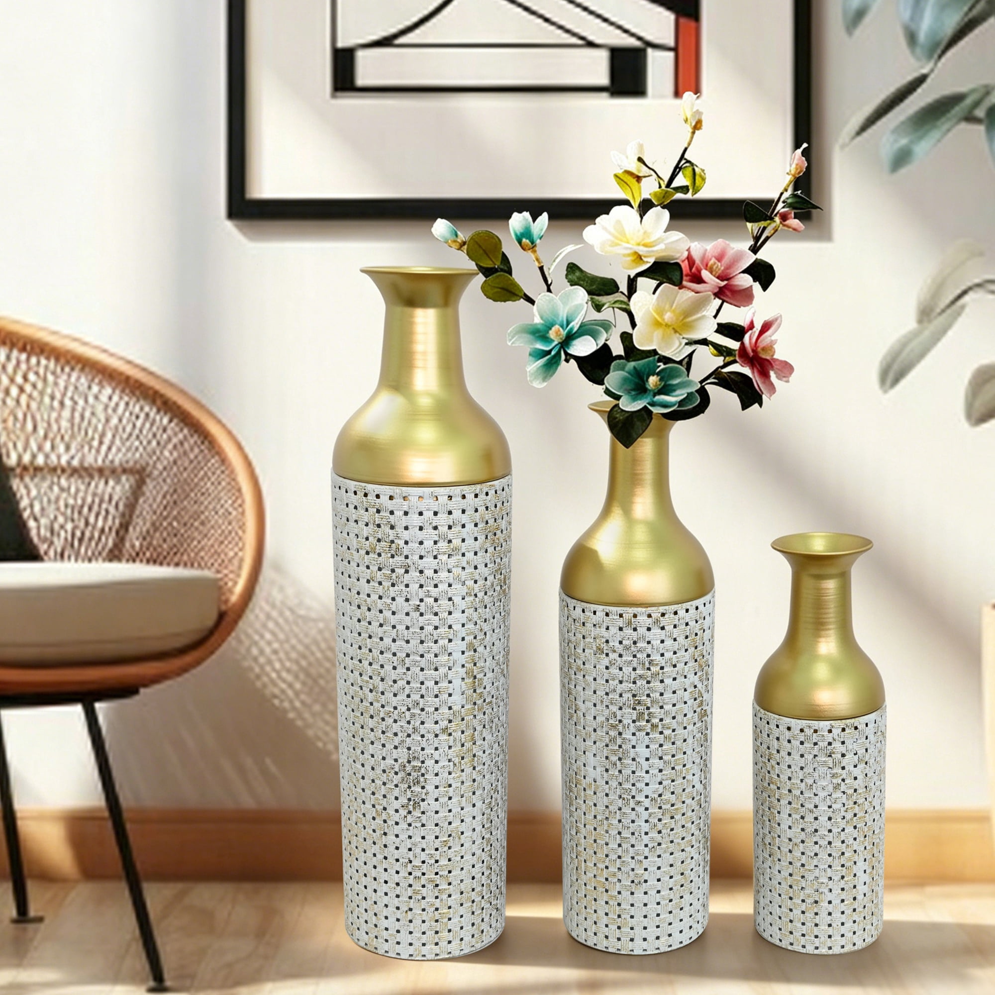 Metal Floor Vases Set of 3 with Leaf Pattern, Tall Decorative Vases and Home Decor Accents for Living Room Entryway, Antique Grey and White