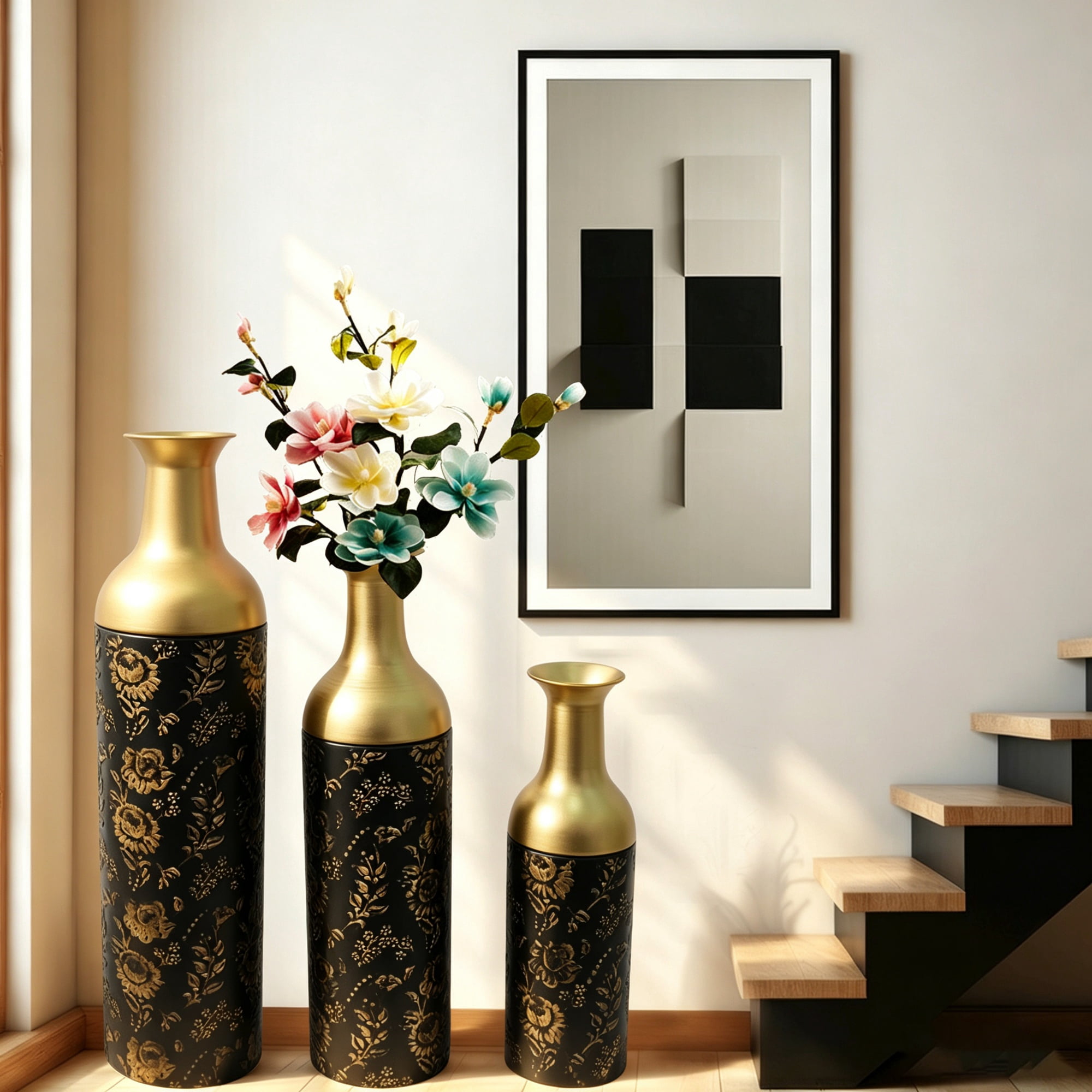 Metal Floor Vases Set of 3 with Leaf Pattern, Tall Decorative Vases and Home Decor Accents for Living Room Entryway, Black and Gold