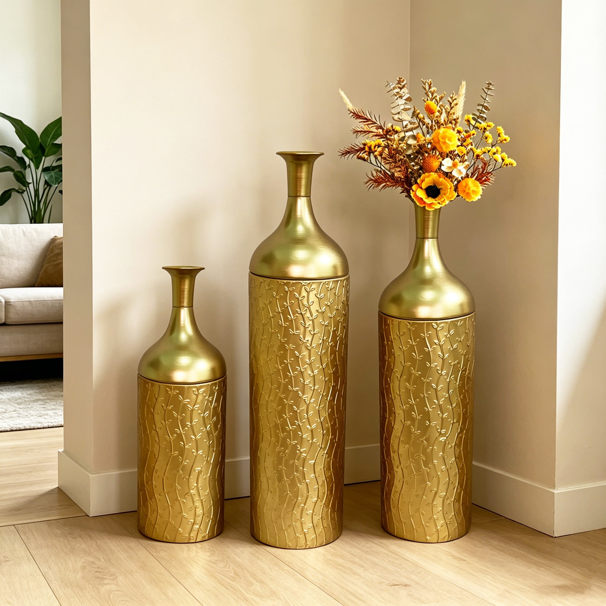 Metal Floor Vases Set of 3 with Leaf Pattern, Tall Decorative Vases and Home Decor Accents for Living Room Entryway, Gold