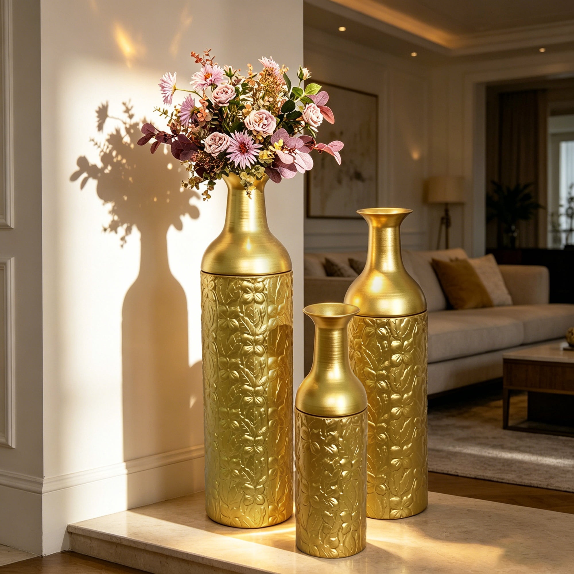 Metal Floor Vases Set of 3 with Leaf Pattern, Tall Decorative Vases and Home Decor Accents for Living Room Entryway, Gold