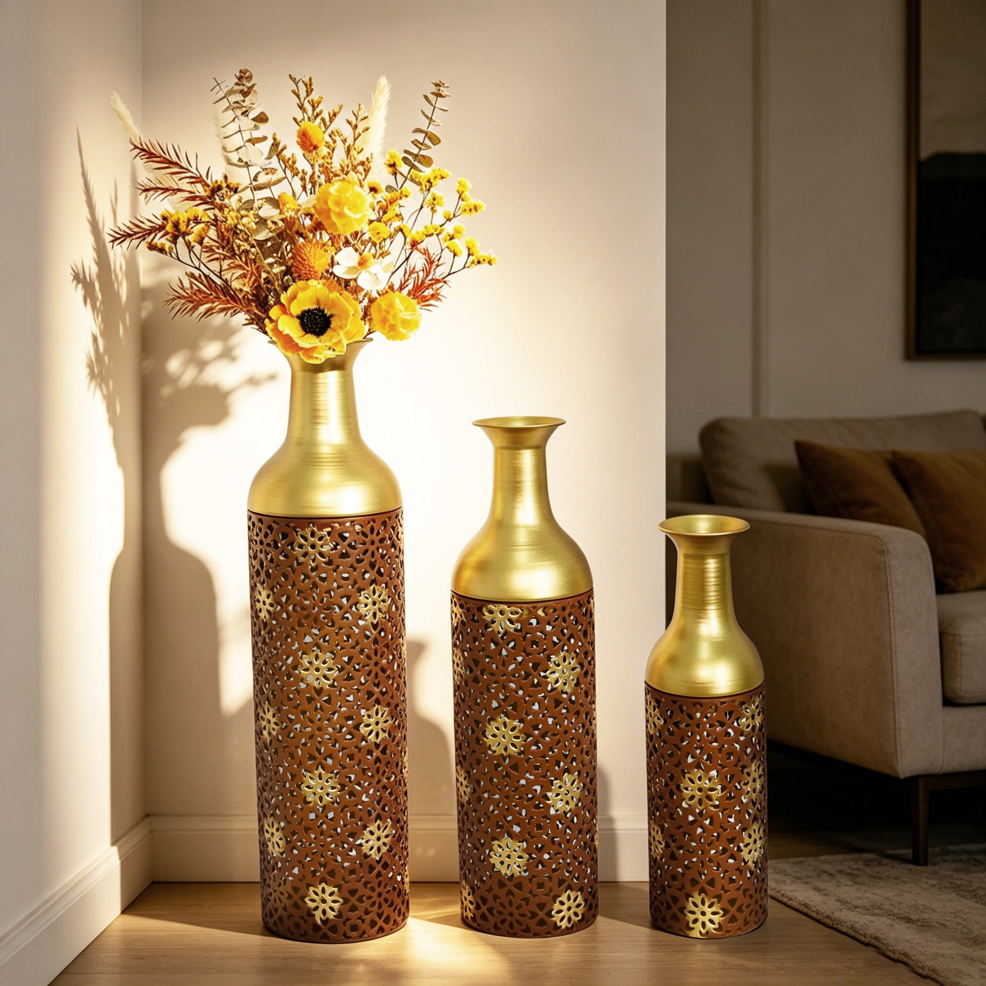 Metal Floor Vases Set of 3 with Leaf Pattern, Tall Decorative Vases and Home Decor Accents for Living Room Entryway, Rustic Brown