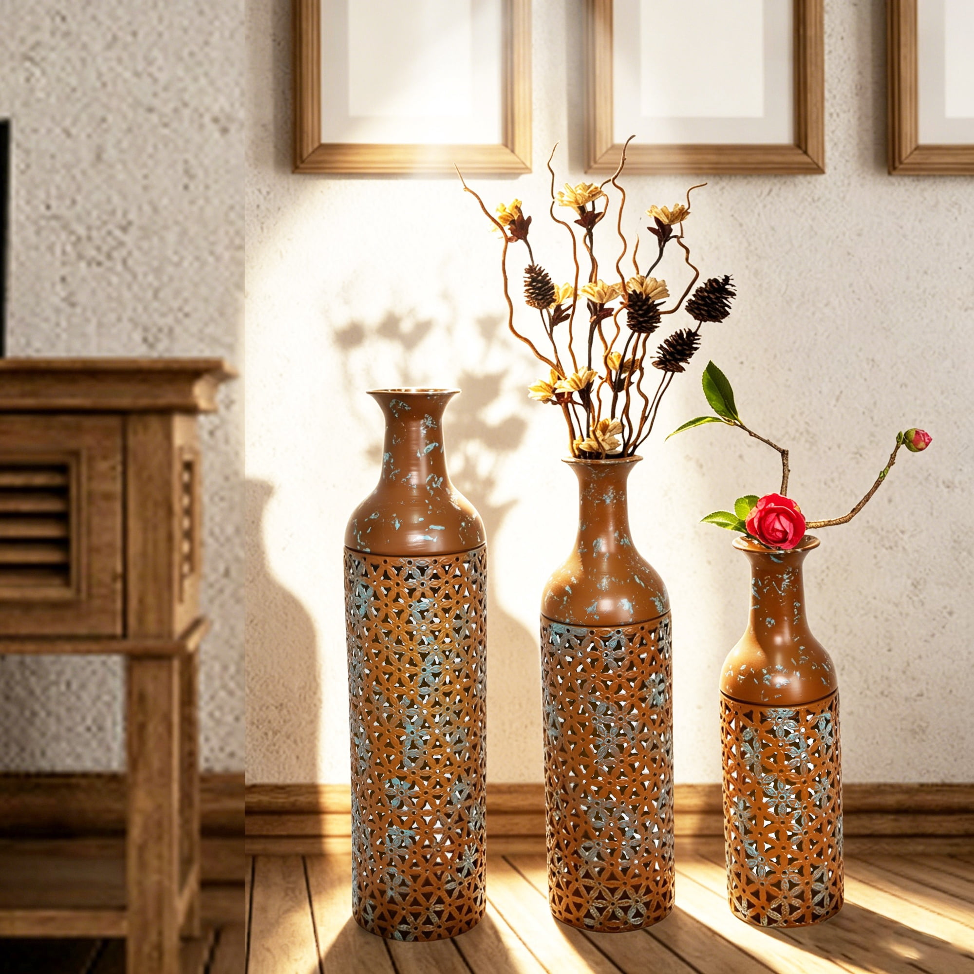 Metal Floor Vases Set of 3 with Leaf Pattern, Tall Decorative Vases and Home Decor Accents for Living Room Entryway, Rustic Brown