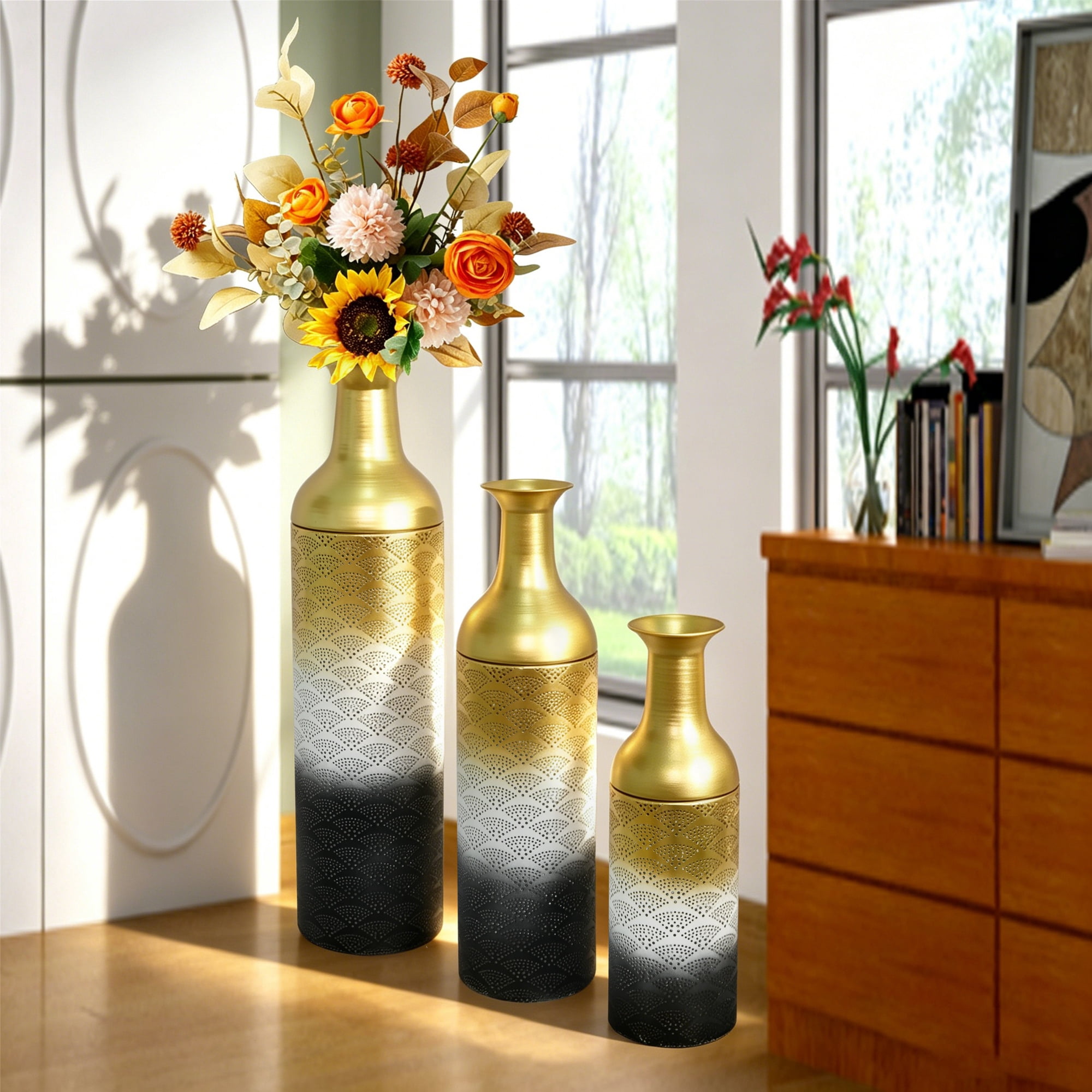 Metal Floor Vases Set of 3 with Leaf Pattern, Tall Decorative Vases and Home Decor Accents for Living Room Entryway, White Gold and Black