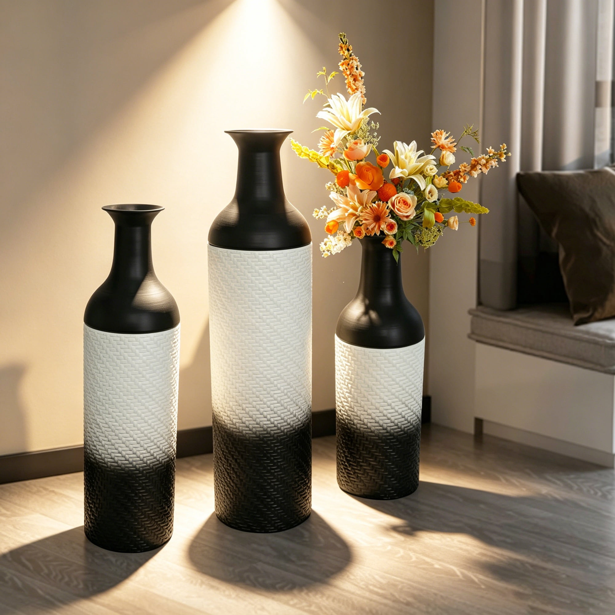 Metal Floor Vases Set of 3 with Leaf Pattern, Tall Decorative Vases and Home Decor Accents for Living Room Entryway, White and Black