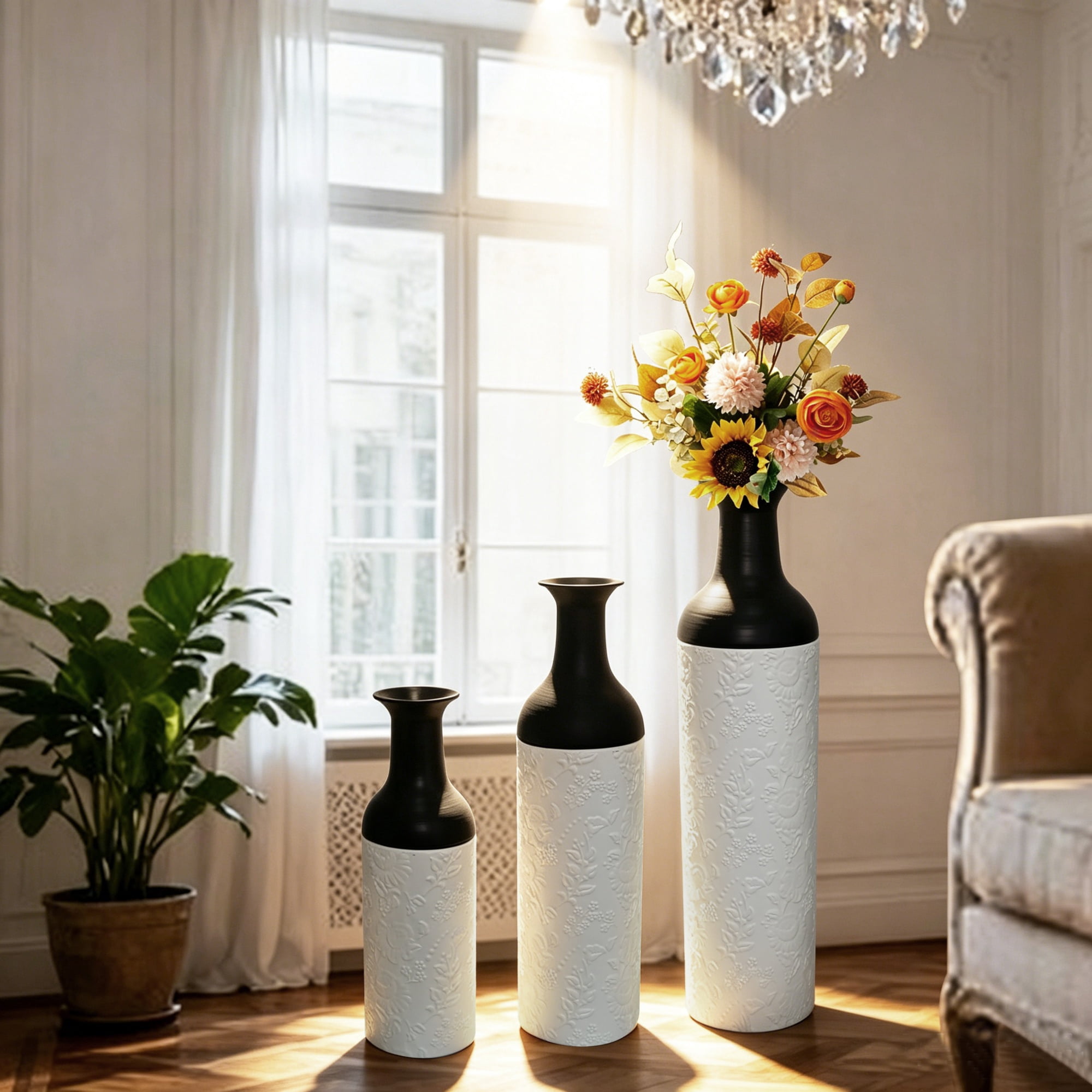 Metal Floor Vases Set of 3 with Leaf Pattern, Tall Decorative Vases and Home Decor Accents for Living Room Entryway, White and Black