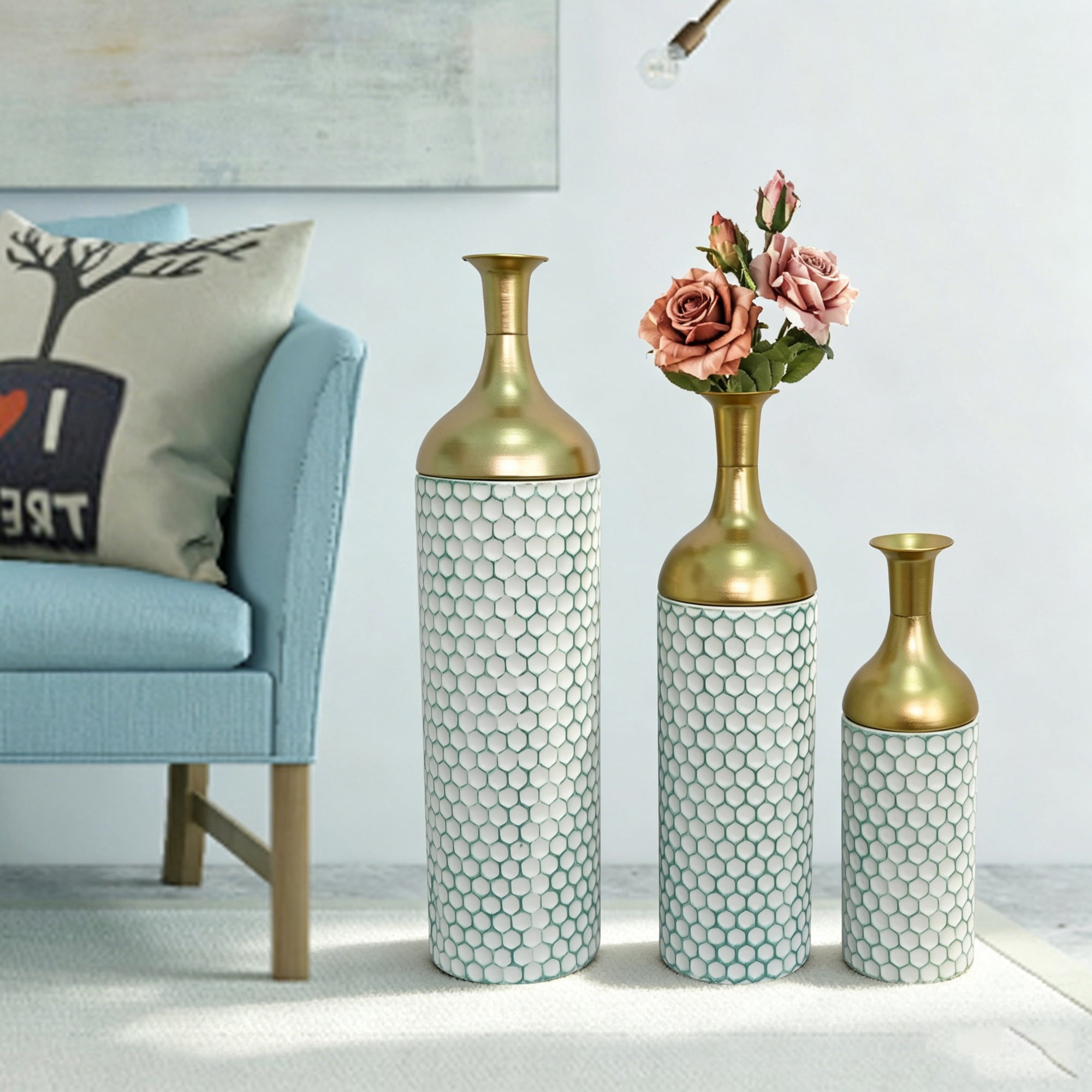 Metal Floor Vases Set of 3 with Leaf Pattern, Tall Decorative Vases and Home Decor Accents for Living Room Entryway, White and Gold