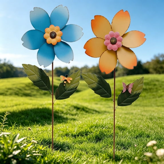 Metal Floral Ground Stake, Rustic Weather Resistant Outdoor Ornament for Garden Lawn Yard Landscape and Yard Decoration, Yellow