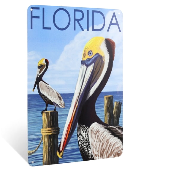 Metal Florida Pelican Bird Sign Tin Coastal Home Nautical Beach House Wall Art Decor