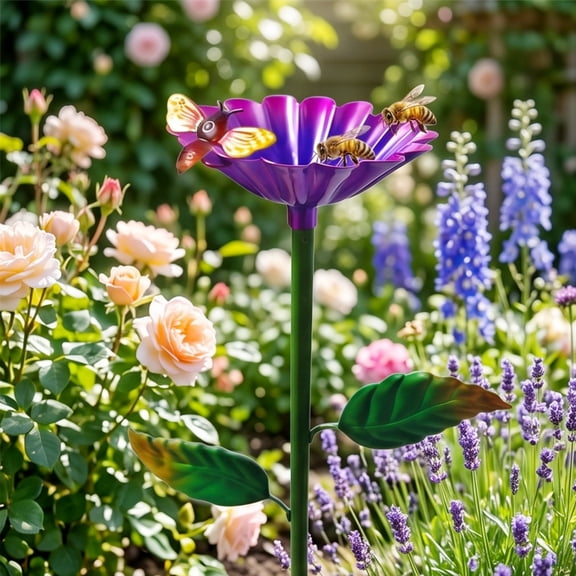 Metal Flower Bee Waterer Garden Stake, Waterproof Rustproof Insect Bird Bath Feeder Outdoor Yard Decorative Stake Ornament