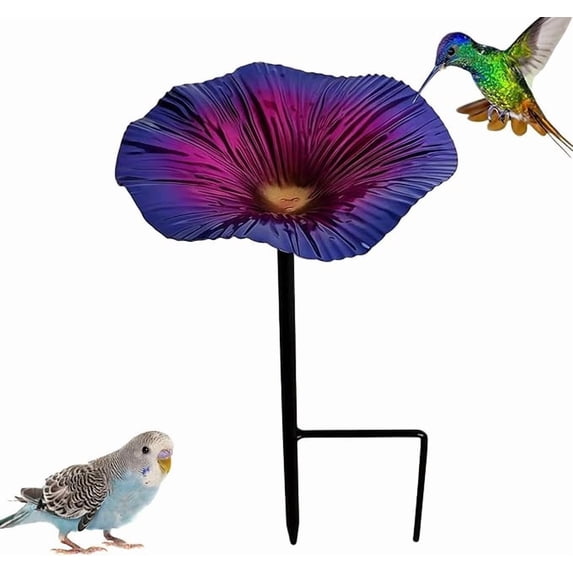 Metal Flower Bird Bath, 9.8 x 5.5 Inch Garden Stake Bird Feeder, Hand-Painted Floral Yard Ornament for Outdoor Patio Lawn Landscape and Daily Decoration