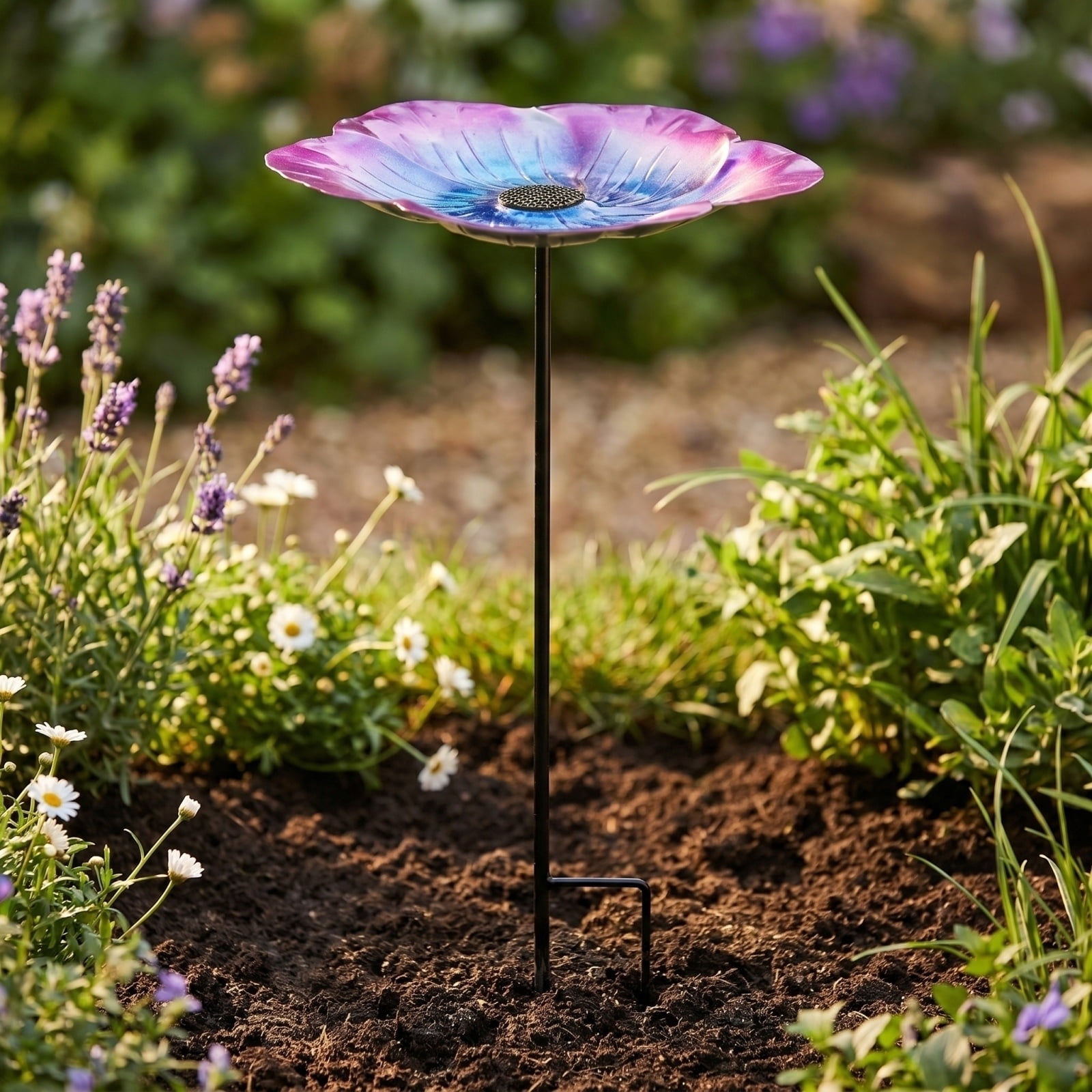 Metal Flower Bird Bath Hook Feeder Garden Stake,Outdoor Garden Yard Purple Shepherds Hook Decor Stake for Lawn Garden Border Walkway,Rustic Garden Decor for Bird Feeder and Patio Accent