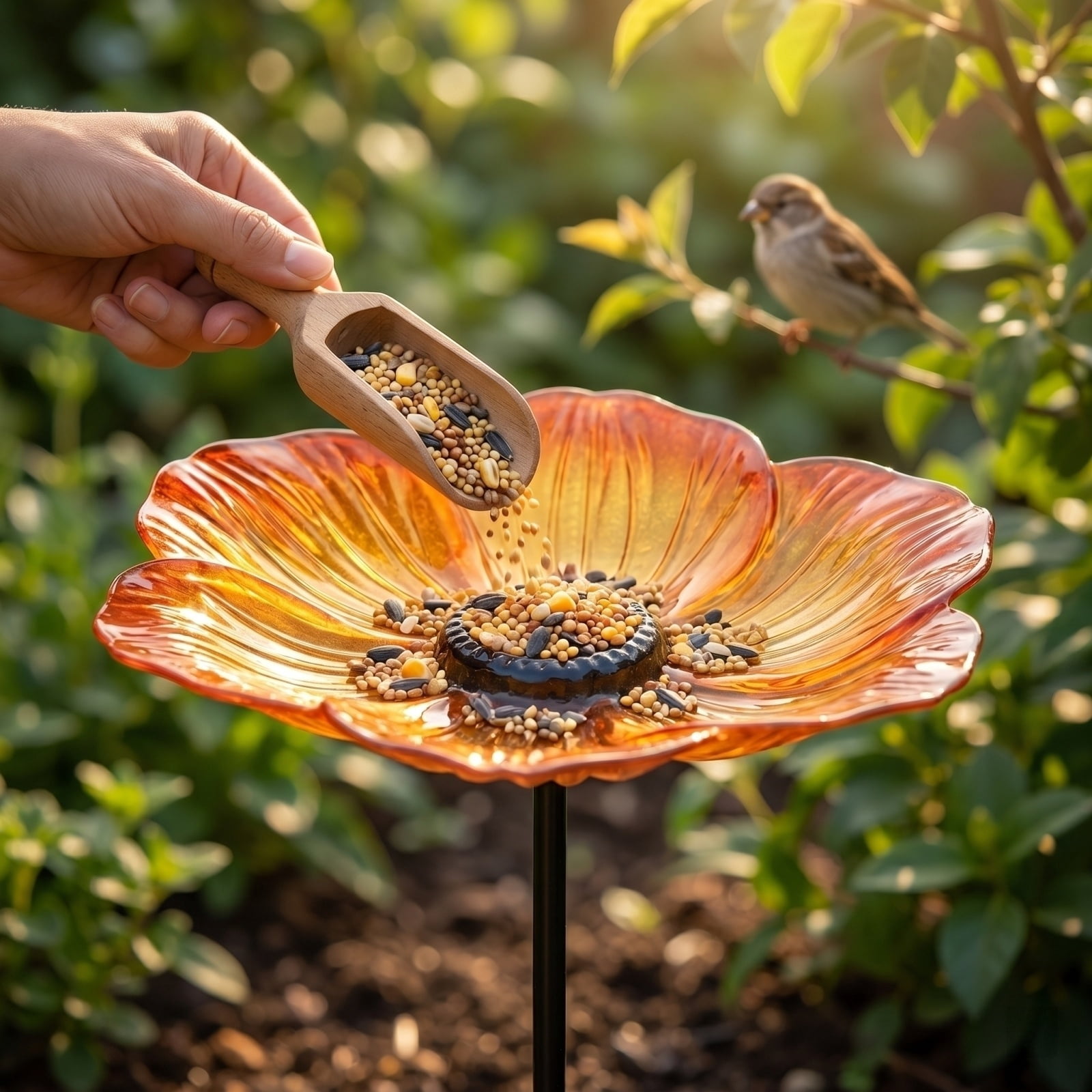 Metal Flower Bird Bath Hook Feeder Garden Stake,Outdoor Garden Yard Shepherds Hook Decor Stake for Lawn Garden Border Pathway,Rustic Garden Decor for Bird Waterer and Flower Bed Accent