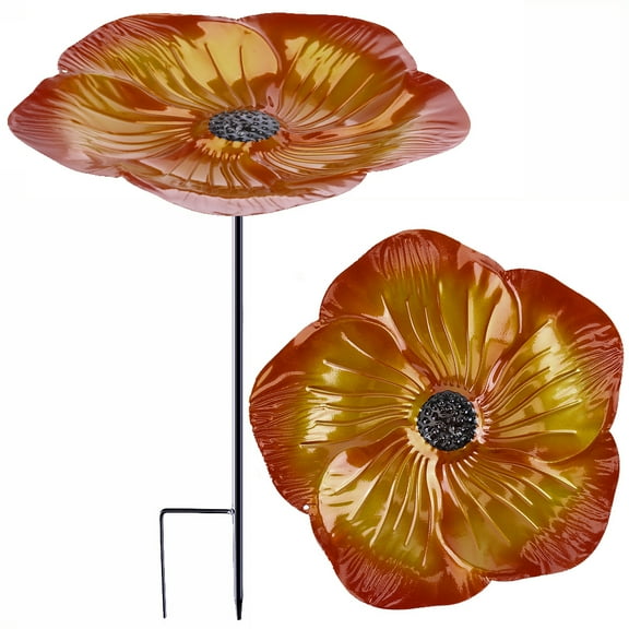 Metal Flower Bird Feeder and Birdbath  Outdoor Lawn Garden Bird Food Container with Ground Stake, Orange, 24x51cm