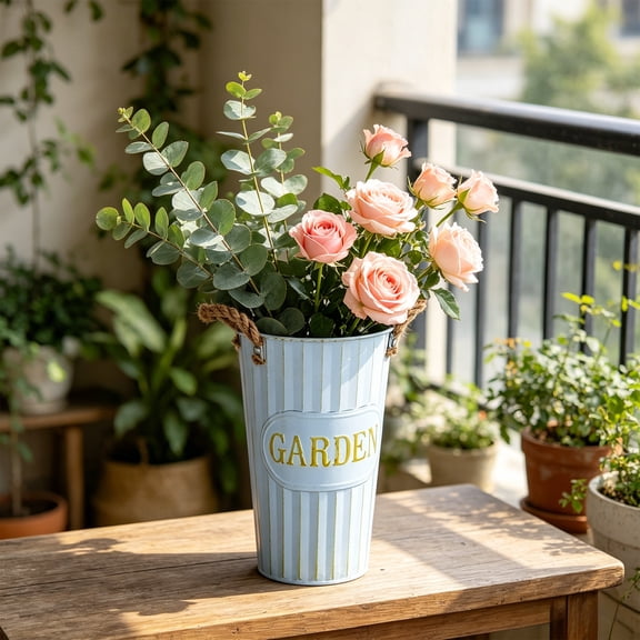 Metal Flower Bucket, Farmhouse Vase With Handles, Rustic Galvanized Iron Planter Waterproof For Floral Arrangements, Home Decor Patio Use