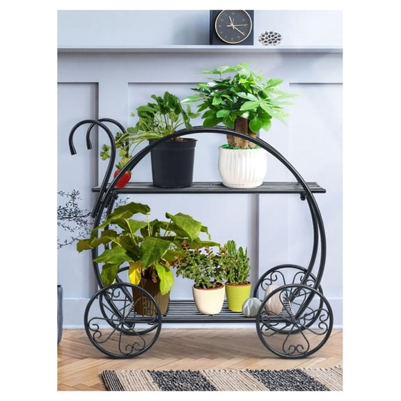 Metal Flower Cart Plant Stand - 2 Tier Rolling Garden Plant Pot Trolley - Indoor Outdoor Decorative Plant Display Rack - Black, 26" x 14" x 25"