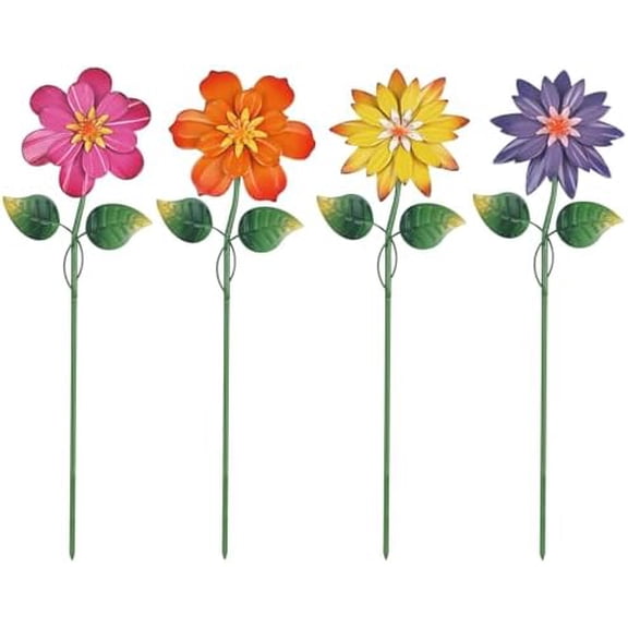 Metal Flower Decorative Garden Stakes,4 Pcs 19" Outdoor Garden Decor with Shaking Flower Head Yard Stakes, Yard Art Spring Decorations for Patio Lawn (Pink & Yellow & Purple & Orange)